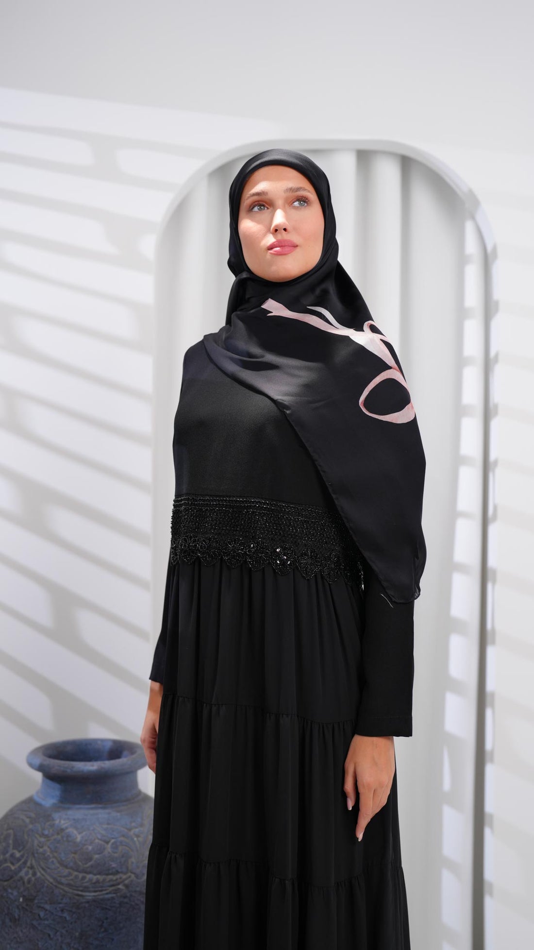 Black Dress Abaya with Ruffles and Beaded Belt