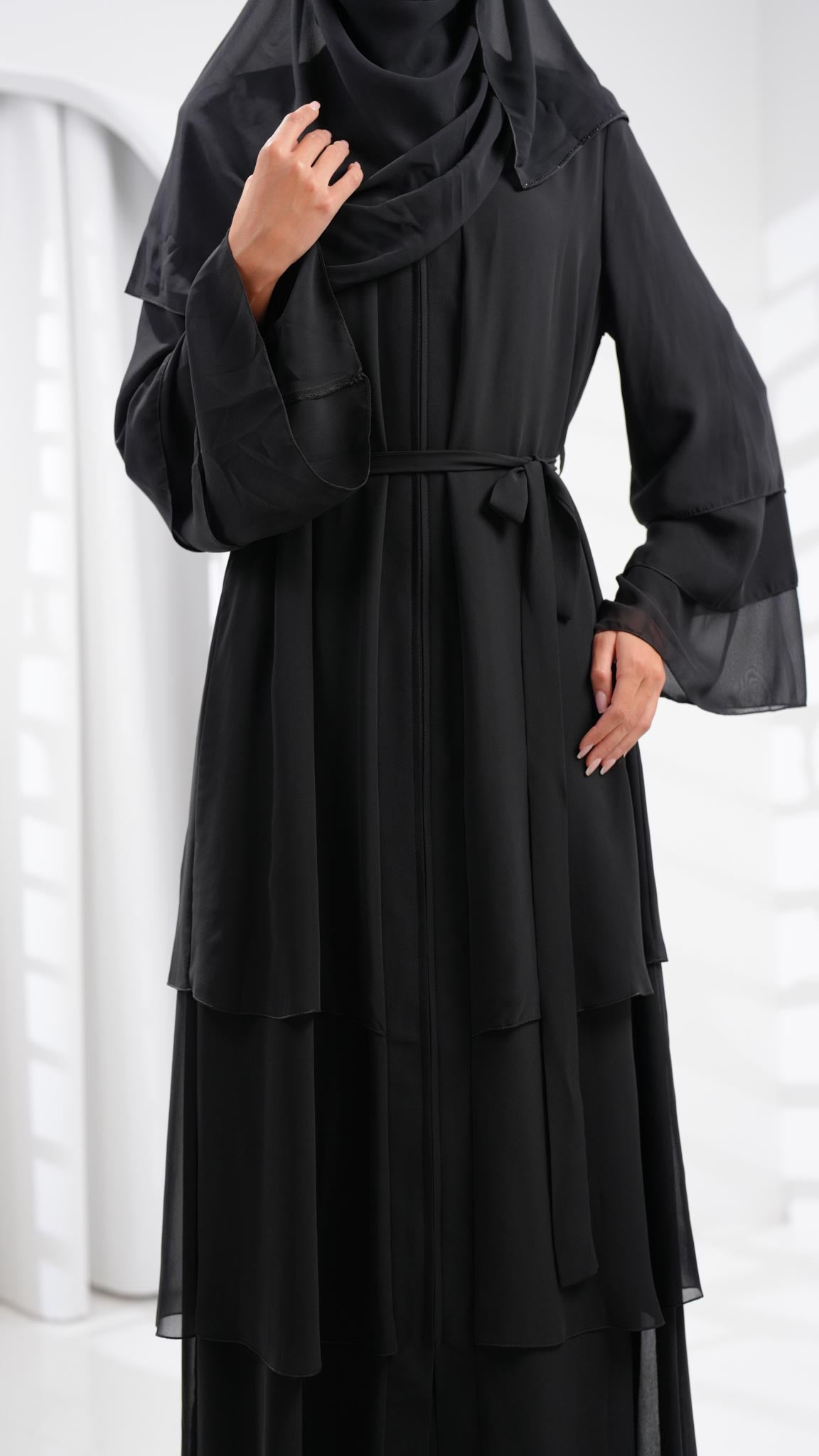 Black Chiffon Open Ruffle Abaya
