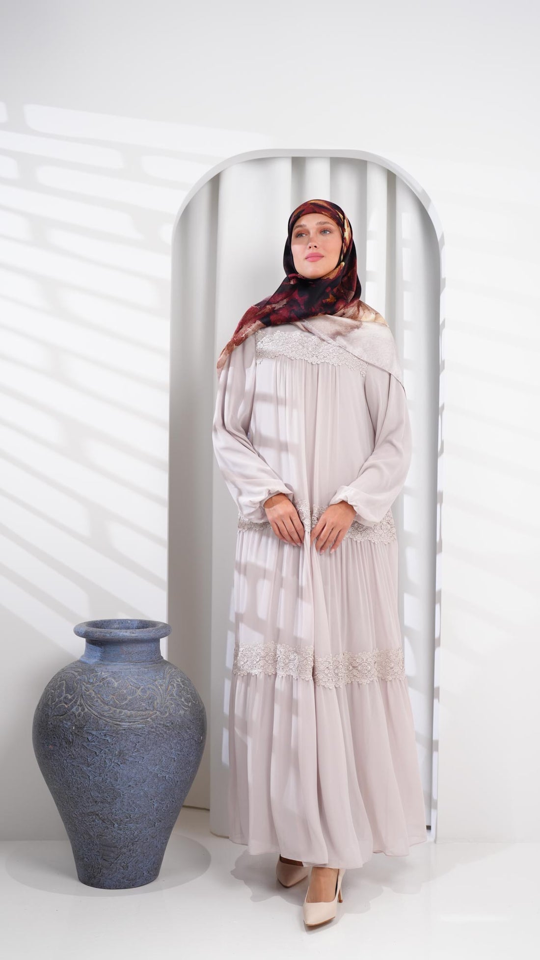 beige abaya dress with guipure