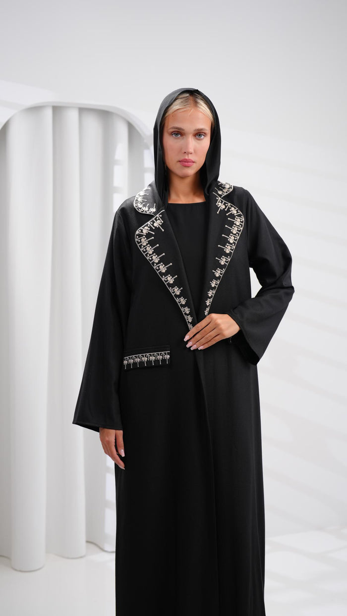 long black and white embroidered blazer abaya