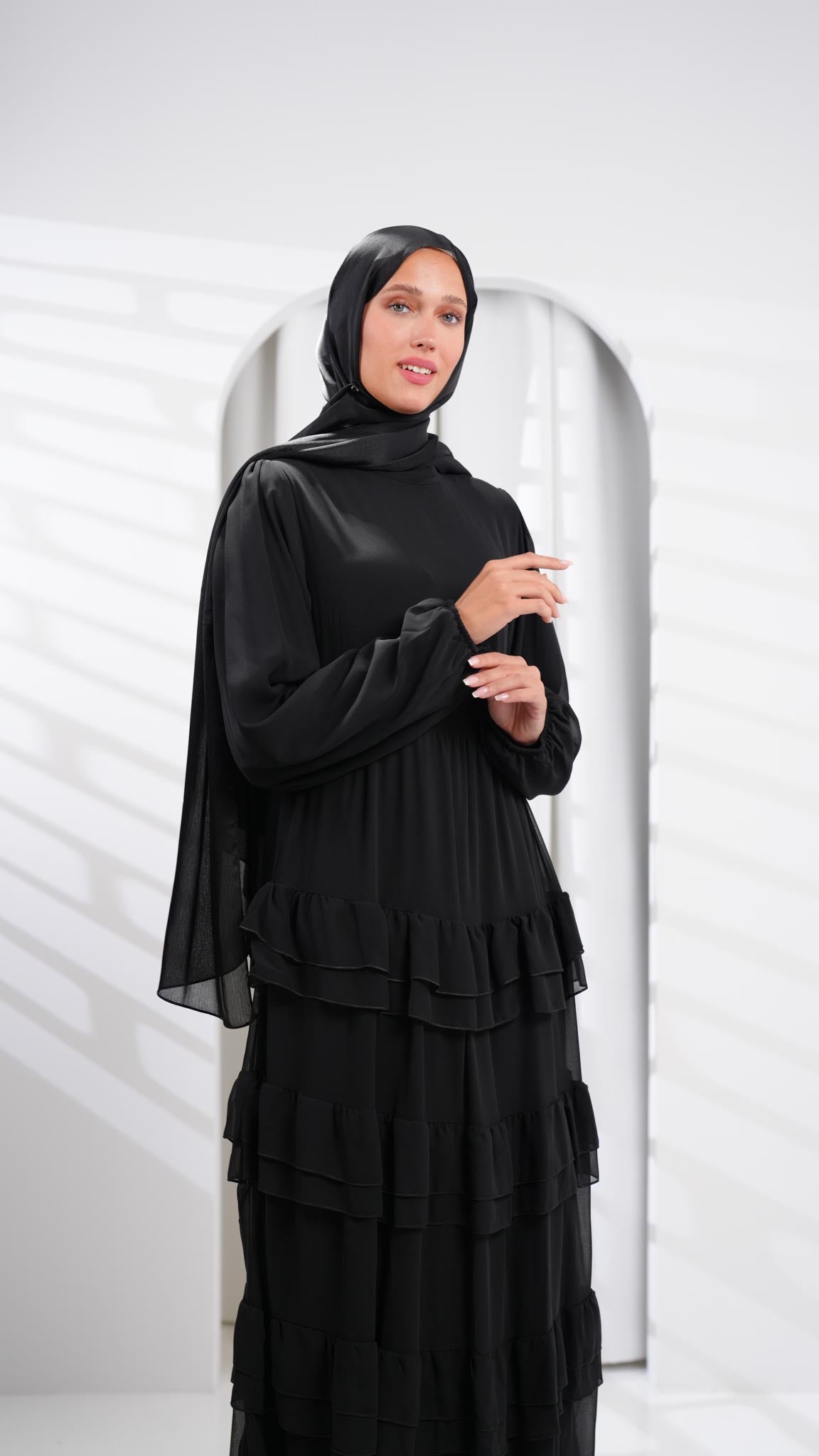 Black abaya dress with doubled ruffles