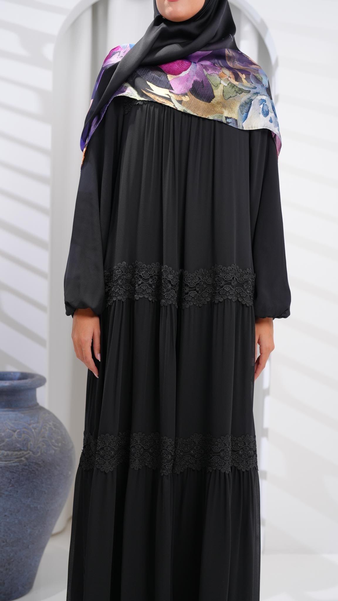 Black abaya dress with guipure