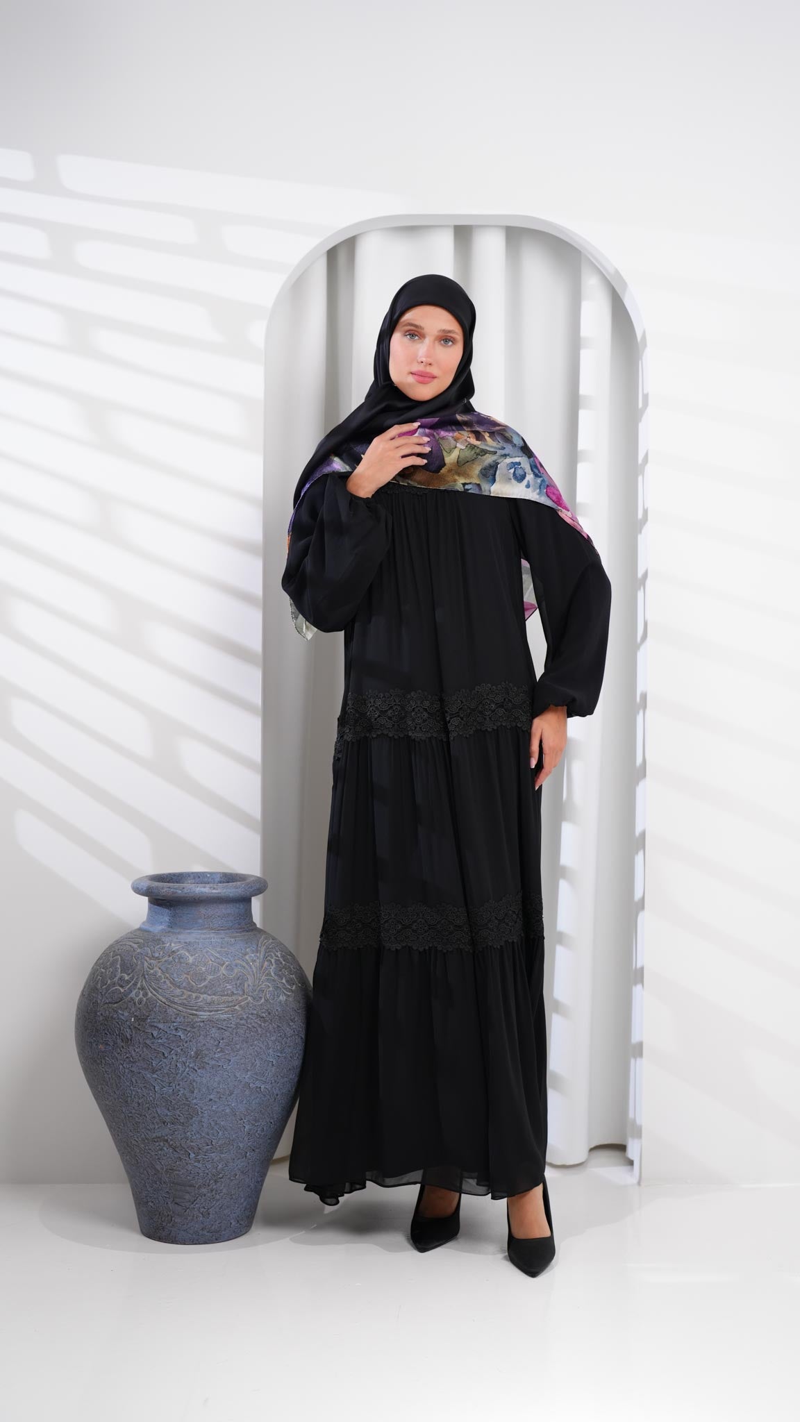 Black abaya dress with guipure