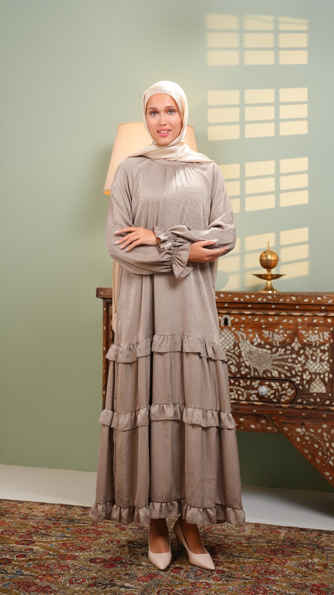 satin gold printed abaya dress