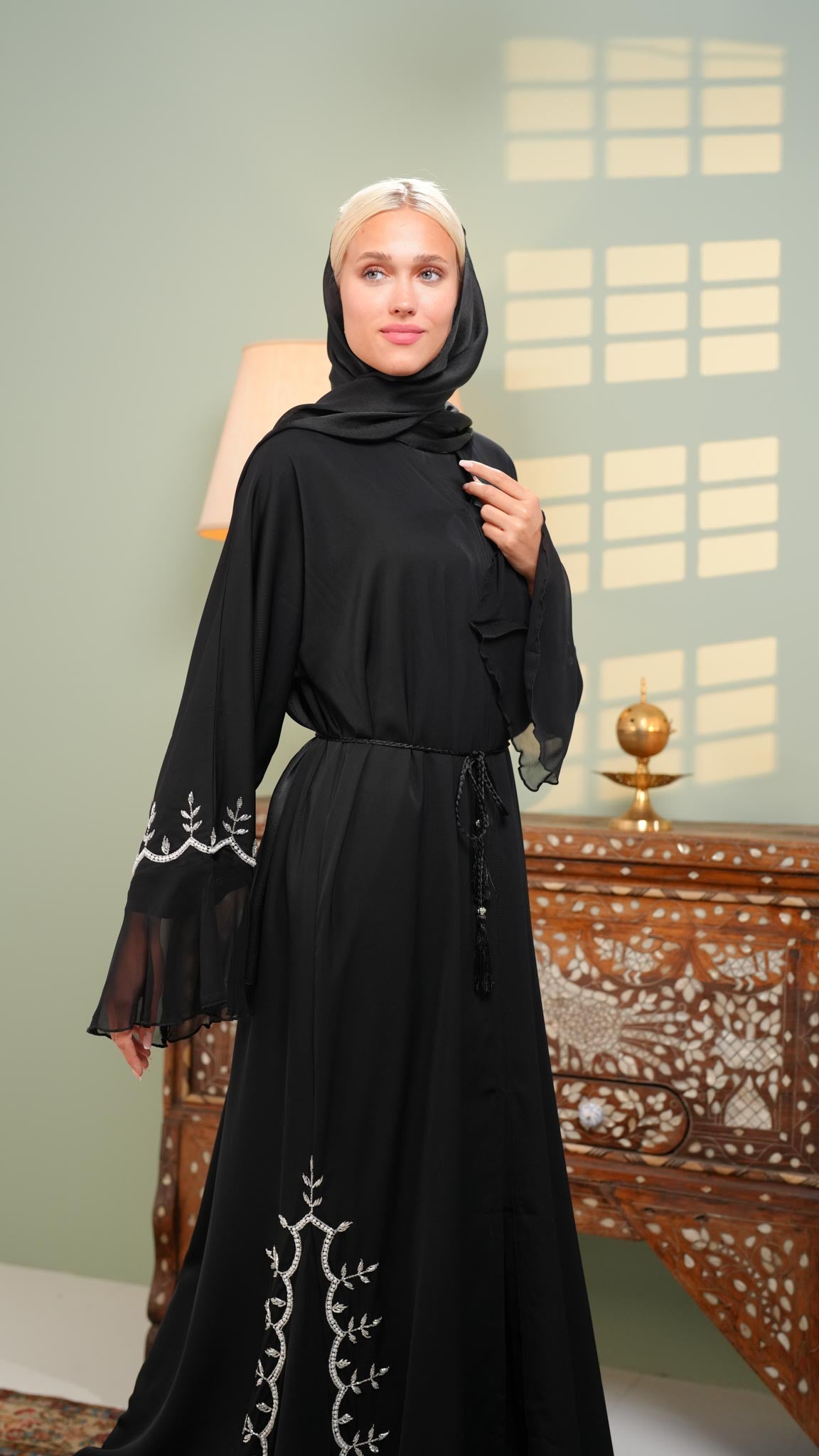 black khaliji abaya with chiffon and beads on sleeves and sides