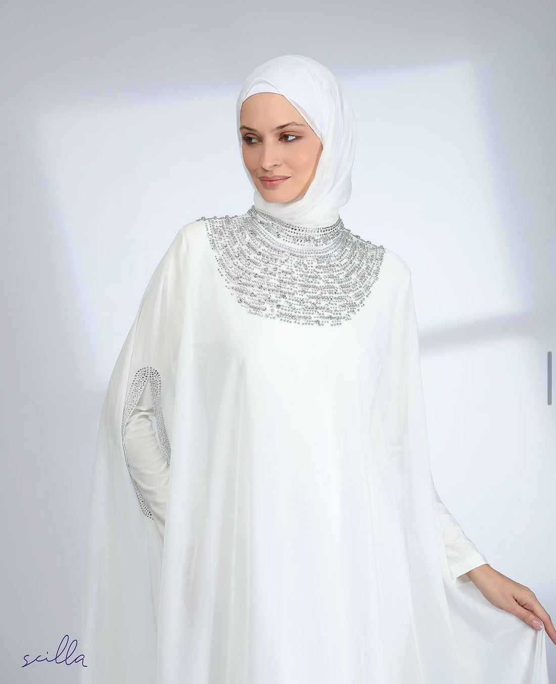 White Embellished Lycra Abaya Dress