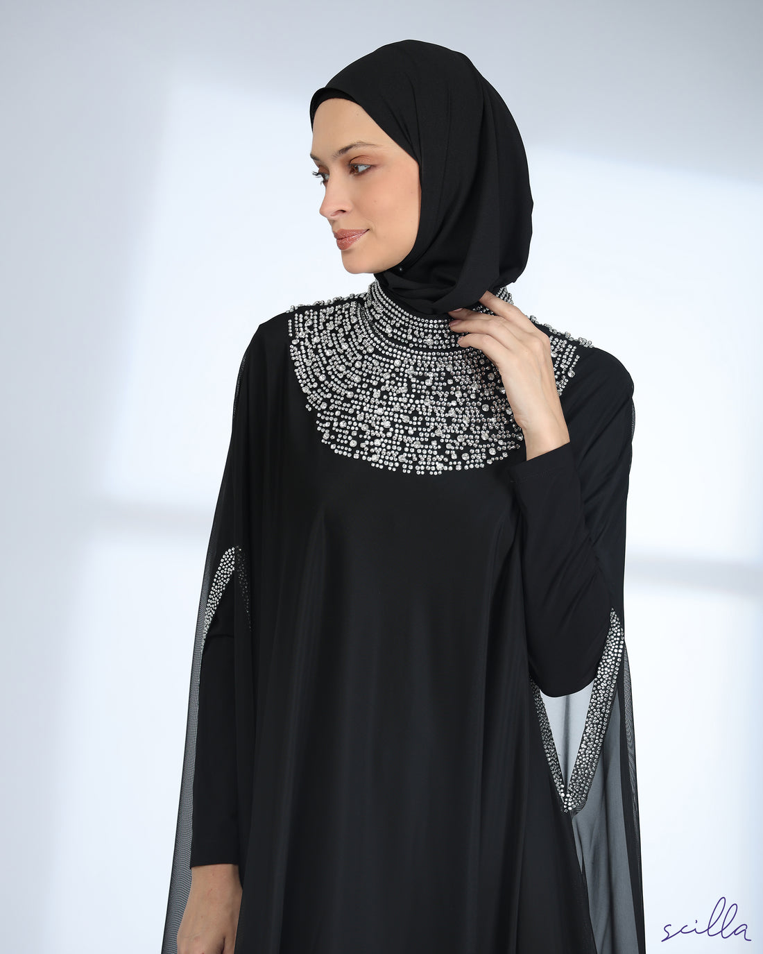 Black Embellished Lycra Abaya Dress