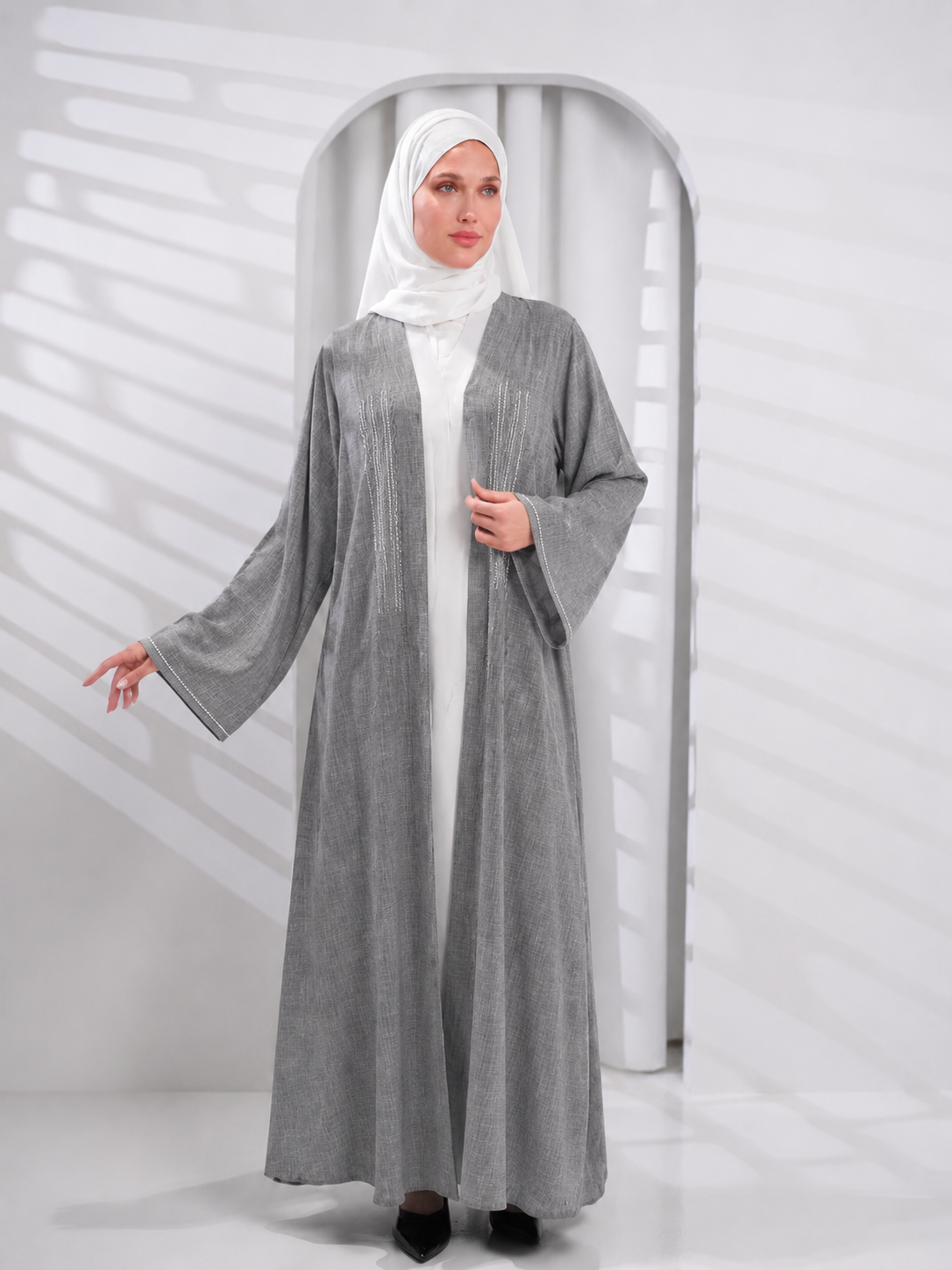 Grey linen abaya with beads on sleeves
