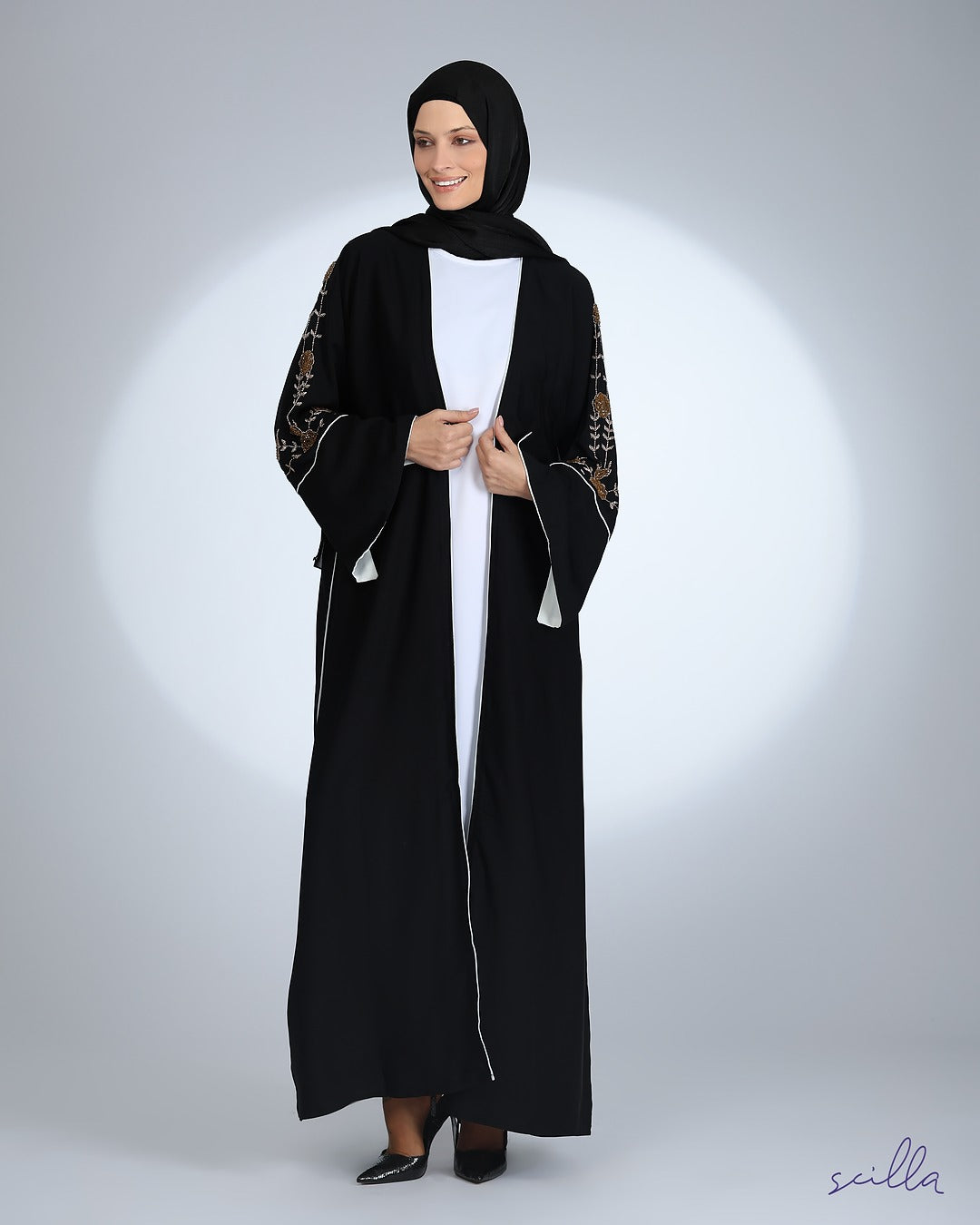 Black Twin Abaya with Gold Beaded Sleeves