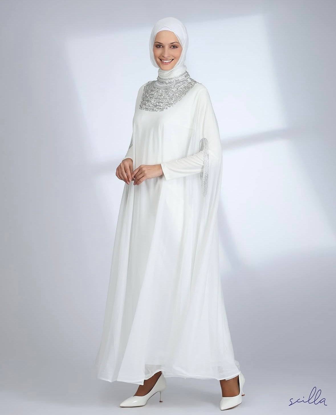 White Embellished Lycra Abaya Dress
