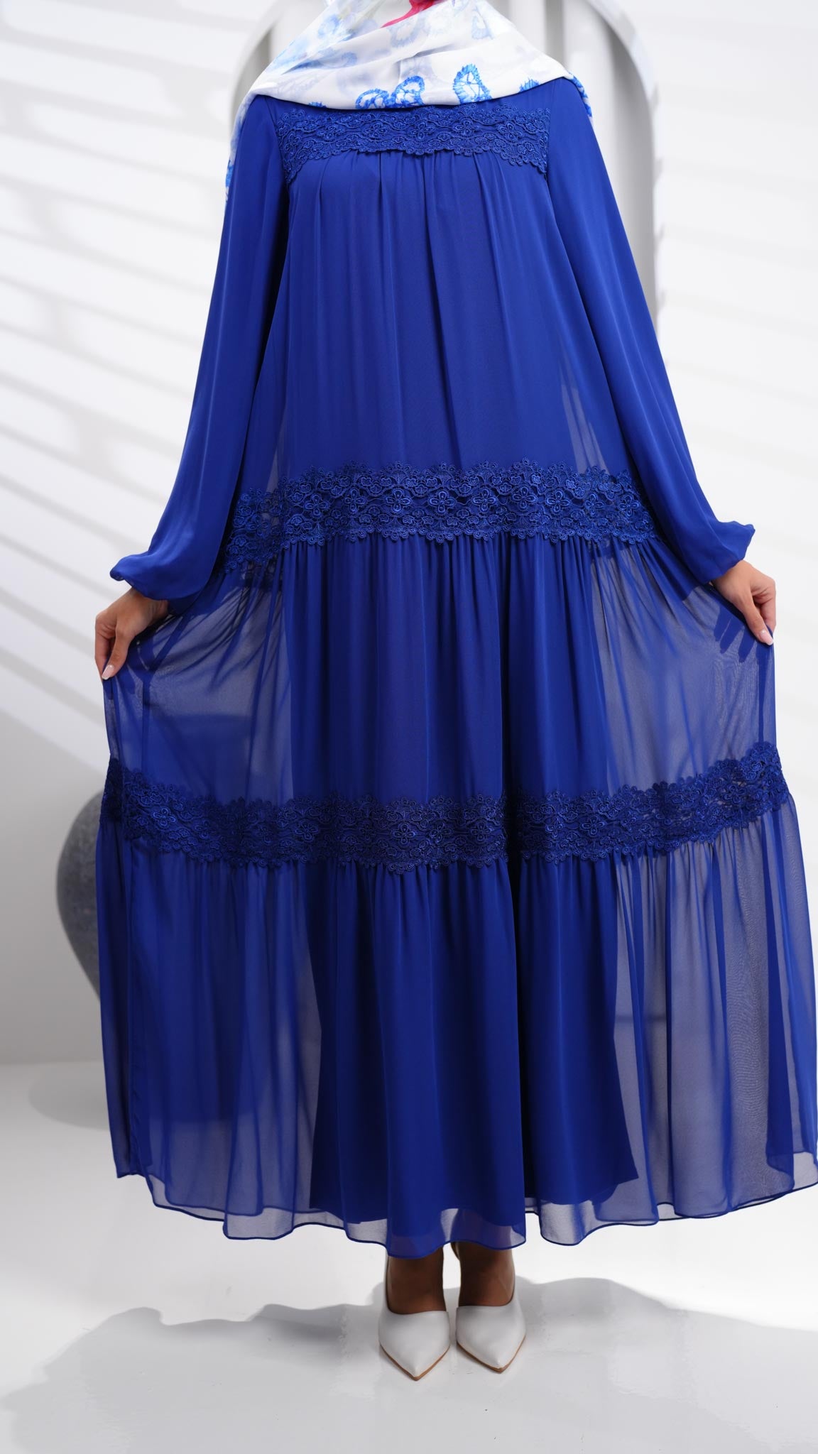 indigo abaya dress with guipure