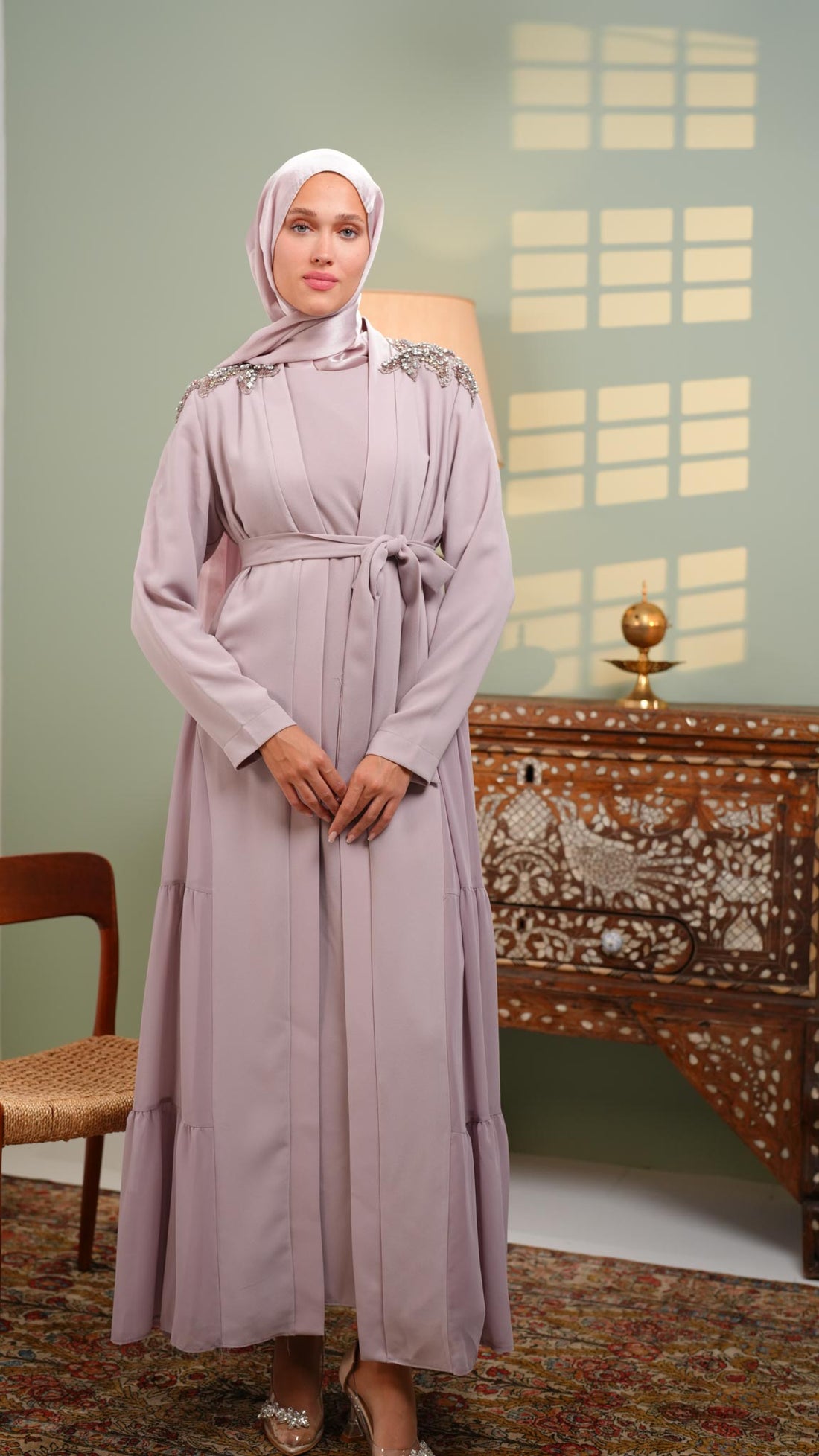 Purple Twin Ruffle Abaya with Shoulder Beads