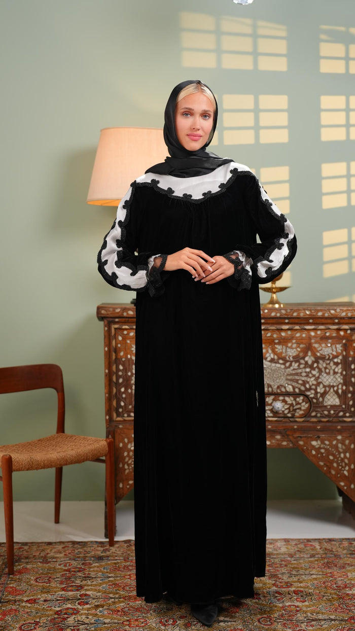 Velvet black and white dress abaya with beads