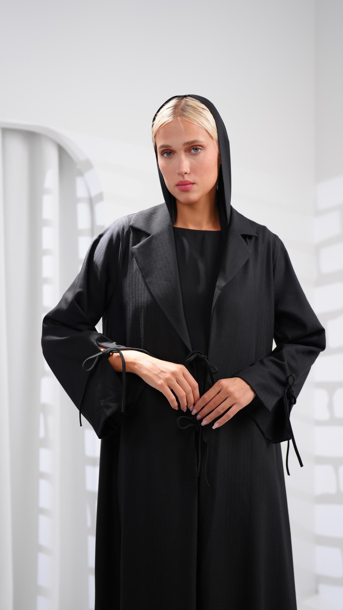 Pleated open black abaya with ties