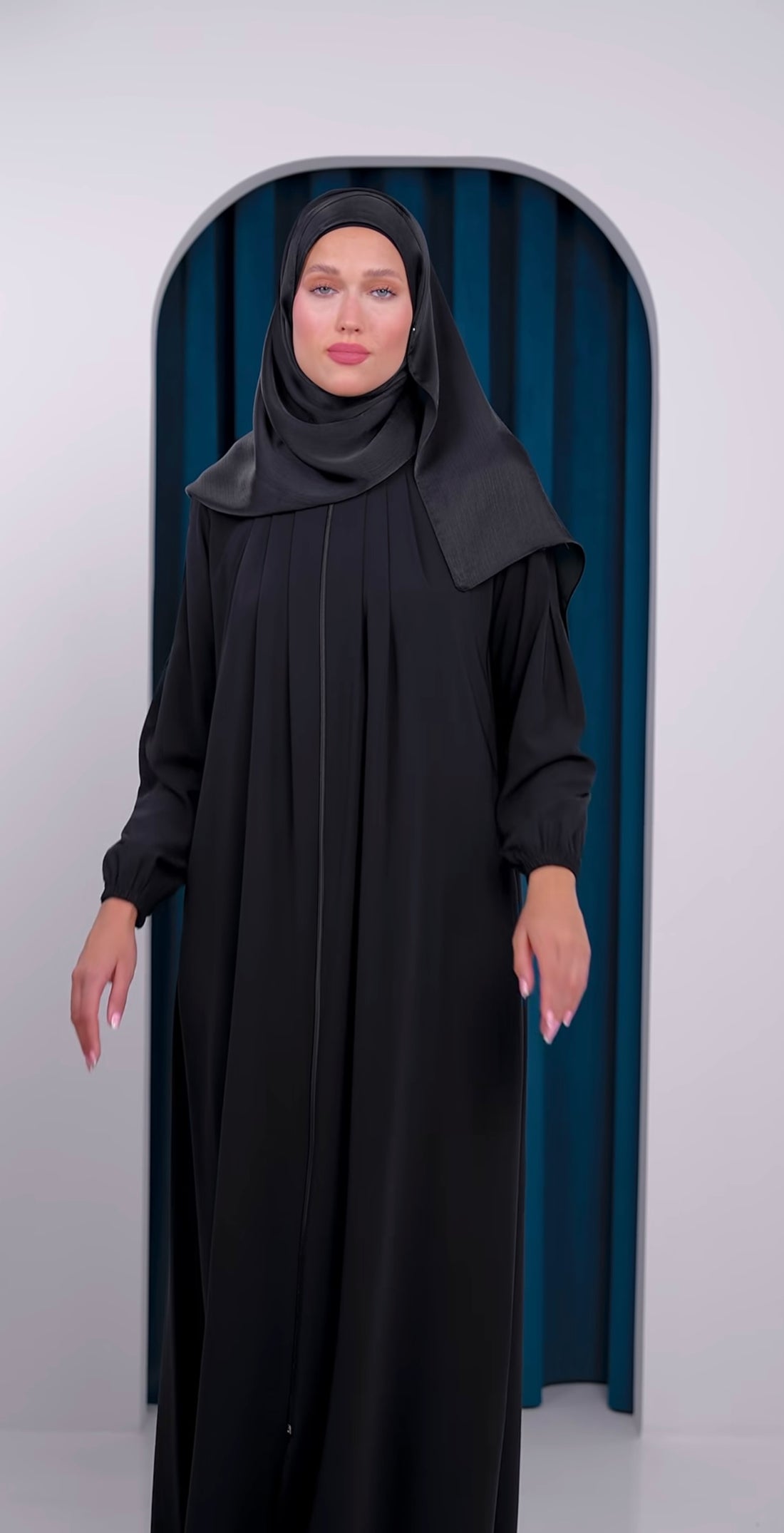 black plain abaya with gathered neckline