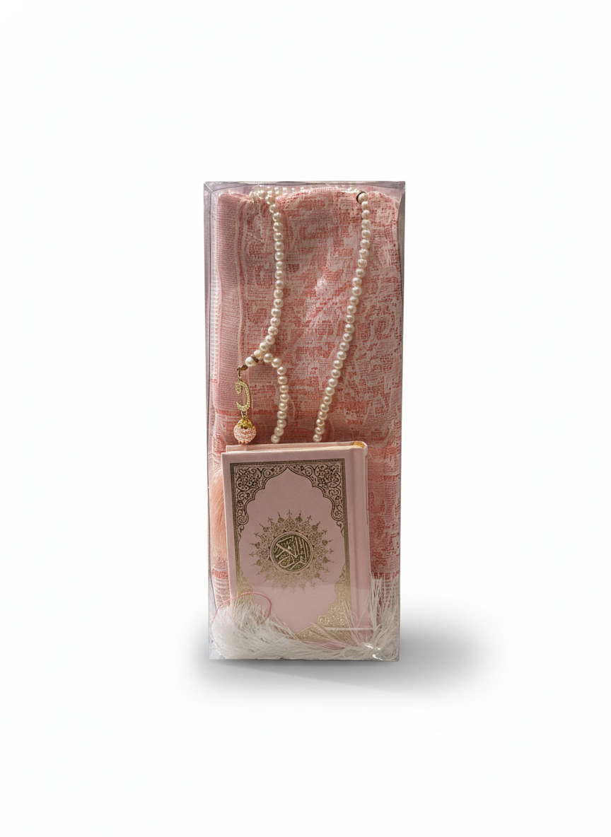 Pink Quran, Prayer Mat, and Tasbih Set