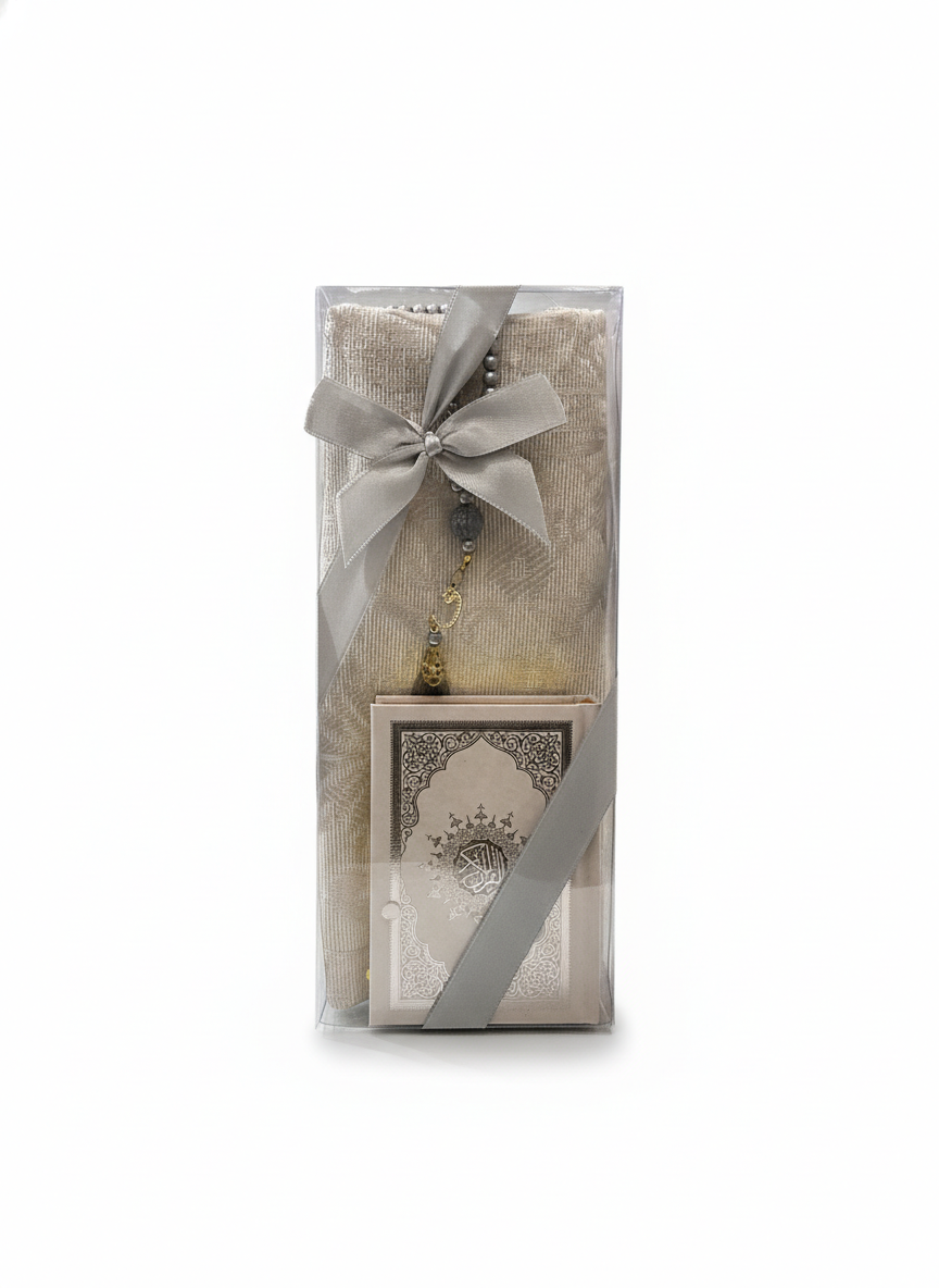 Silver Quran, Prayer Mat, and Tasbih Set