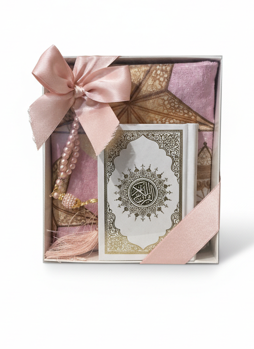 Pink Transparent Box Set for kids – Small Quran, Tasbih & Prayer Mat