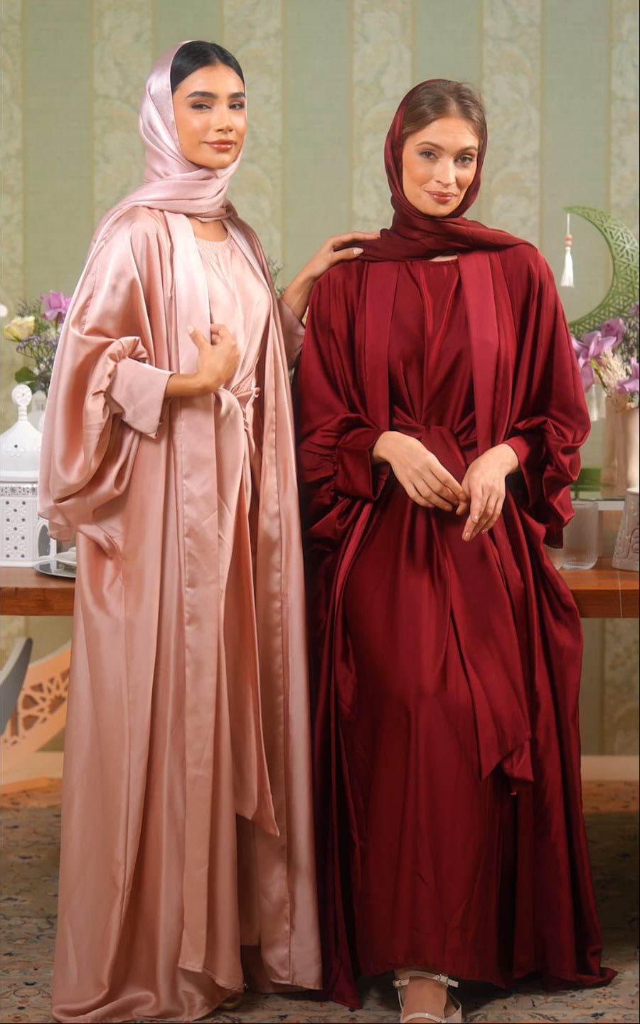 Satin Sleeveless Dress with waist tie & Abaya