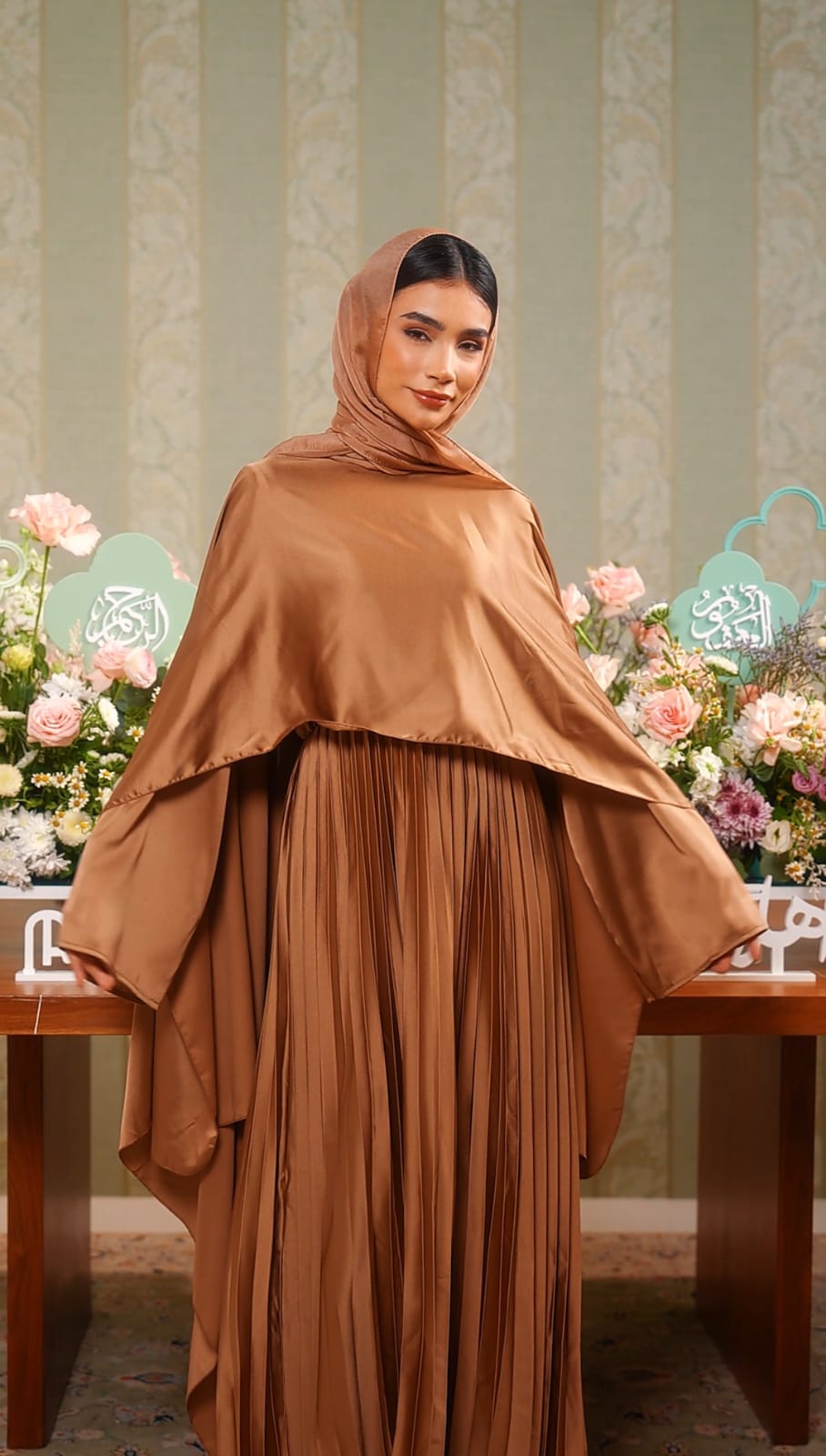 Pleated Satin Midi Dress