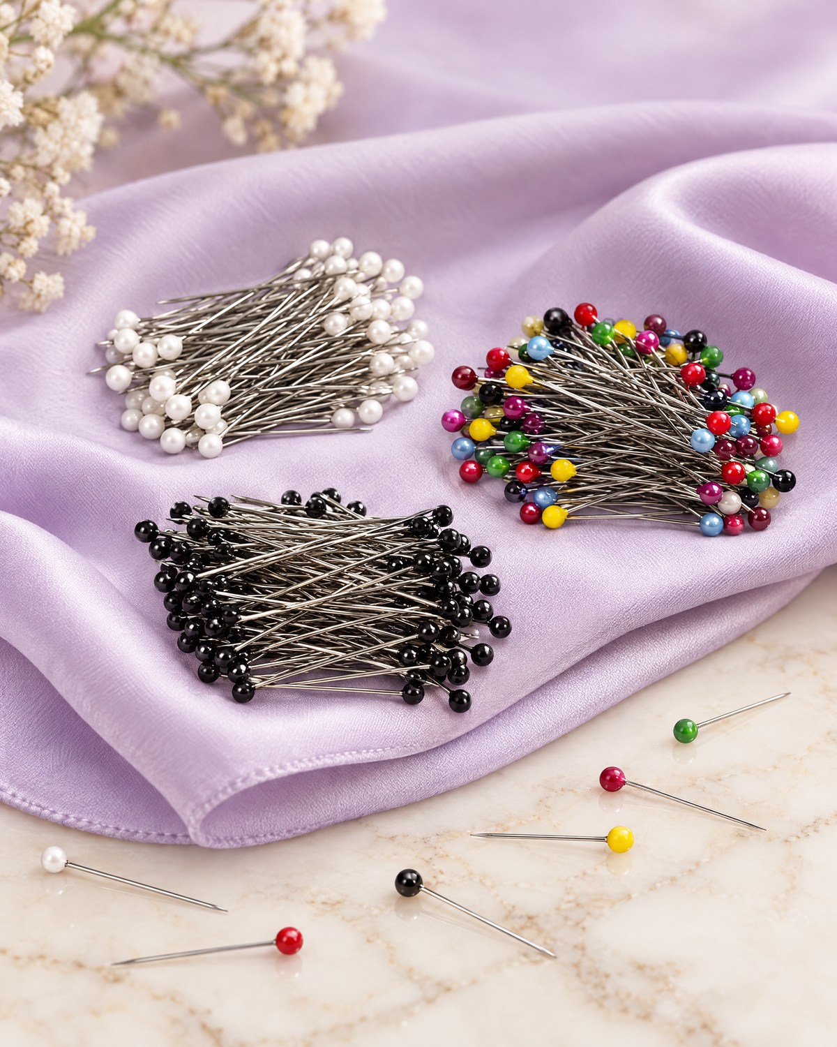 Small hijab pins by Scilla on a lavender silk scarf