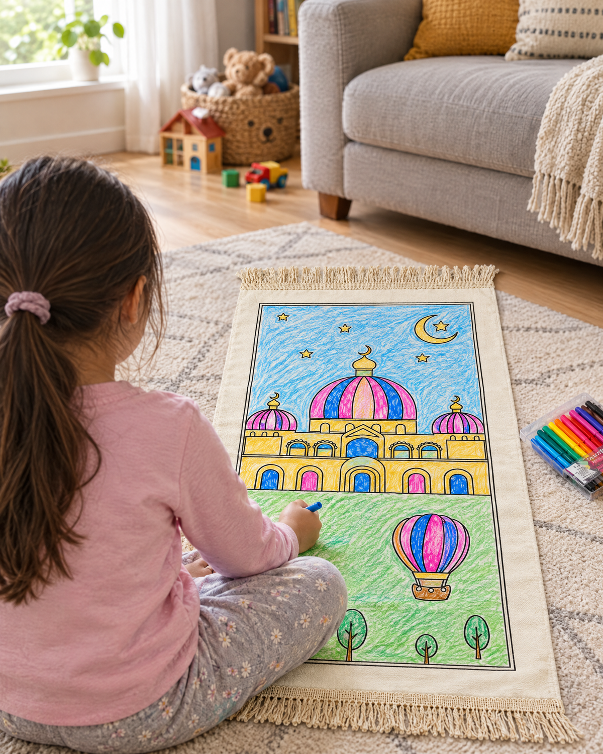 Girl sitting at home beside her fully coloured Color and pray prayer mat