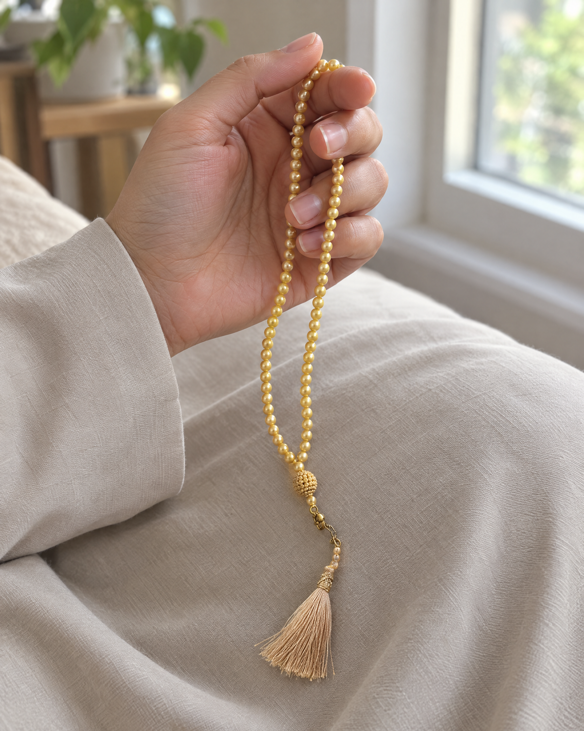 Scilla masbaha prayer beads held in a woman's hand