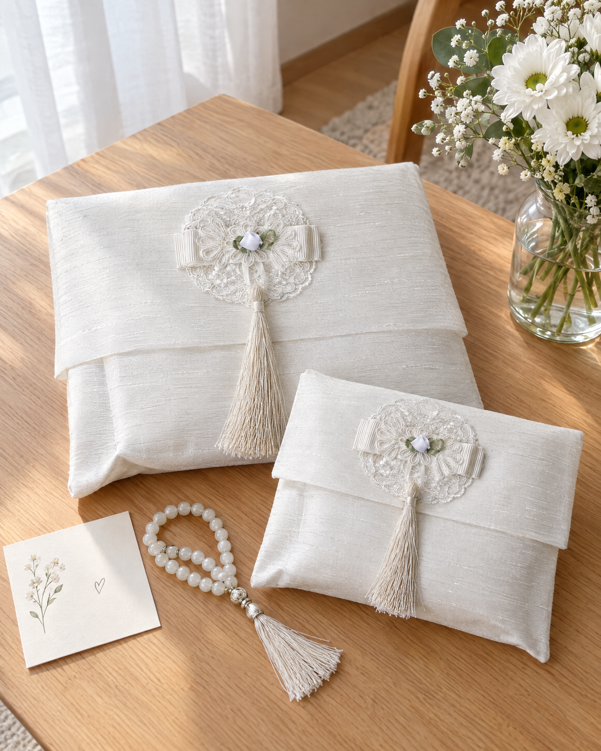 SAC prayer mat set with pouch and masbaha as a gift with flowers