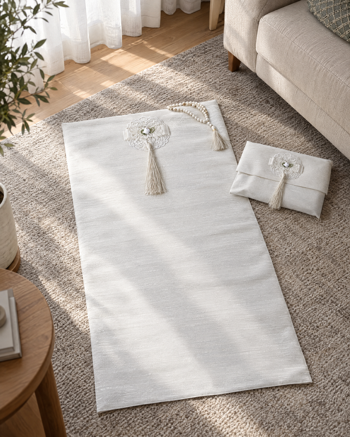 SAC woven prayer mat unrolled at home with masbaha and pouch