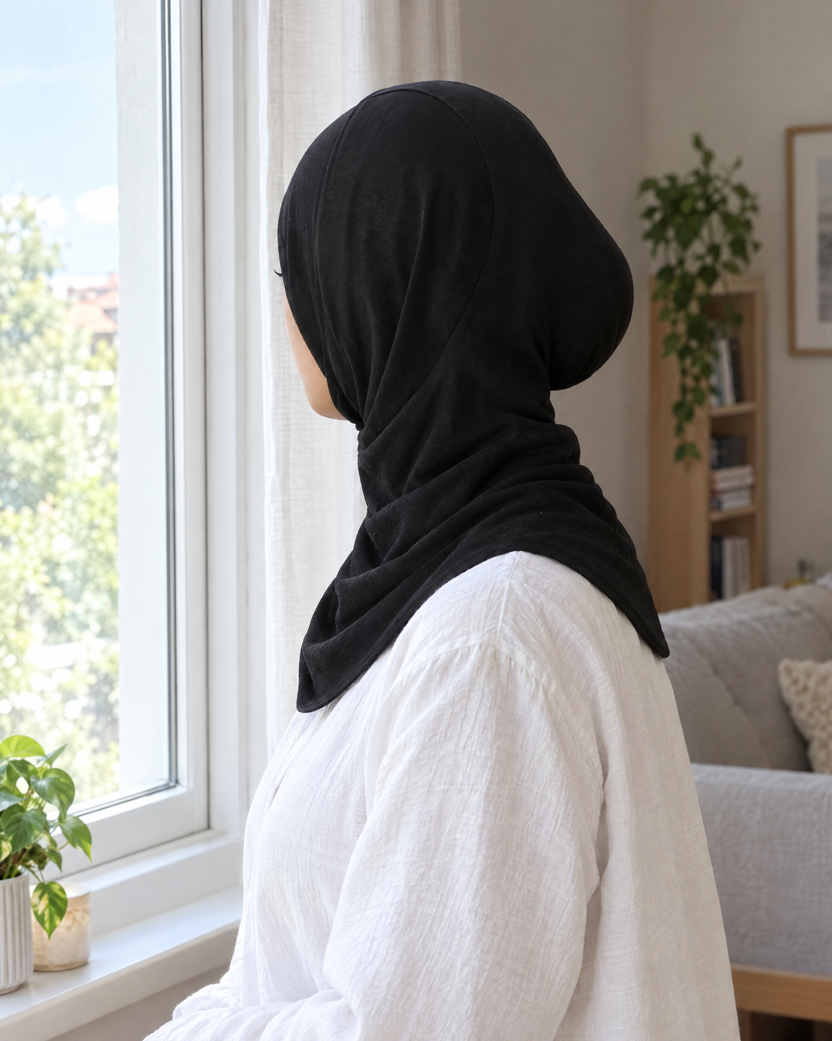Woman wearing the black Zolaykha full hijab by a window