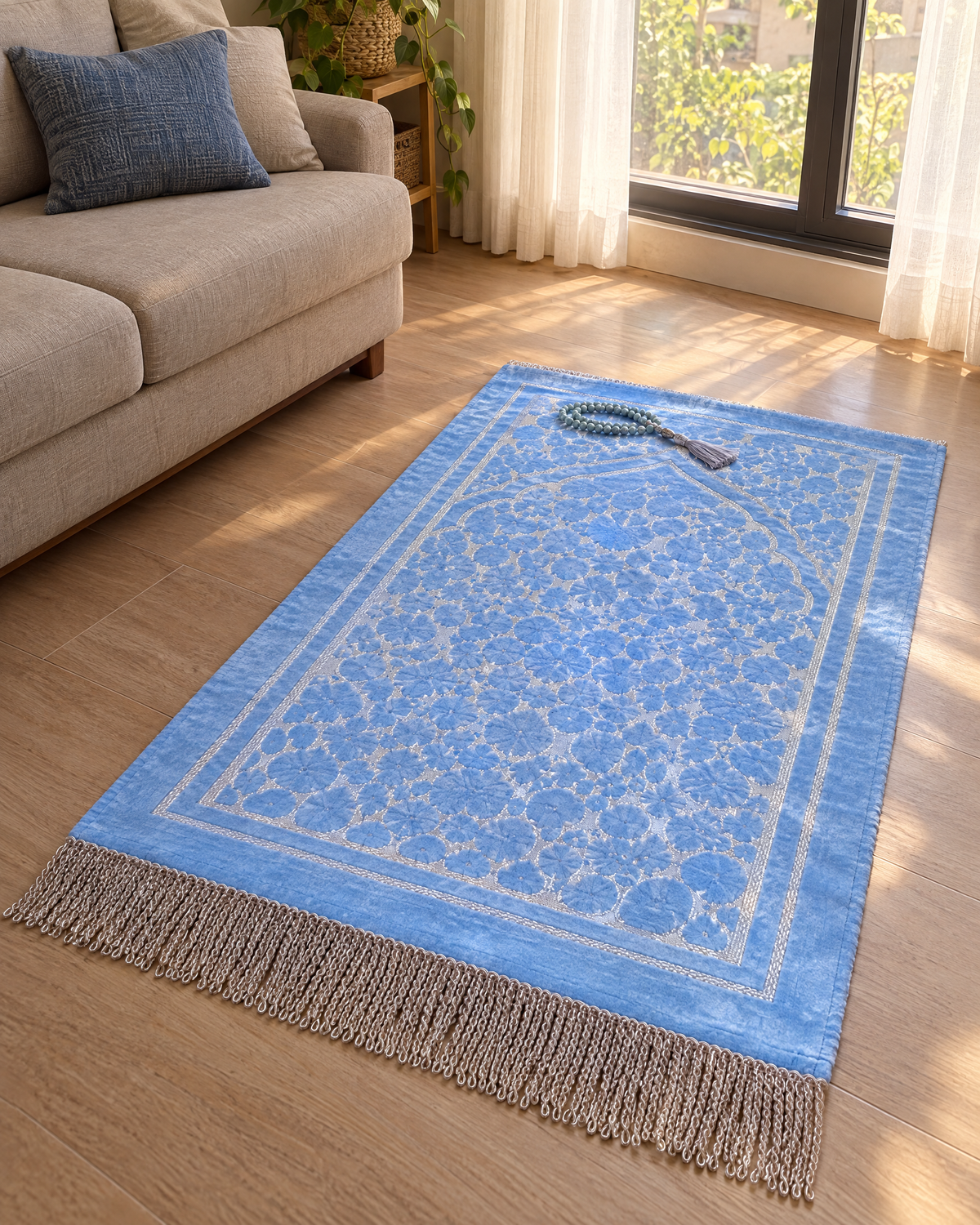 Velvet padded Full Arabesque prayer mat in a living room