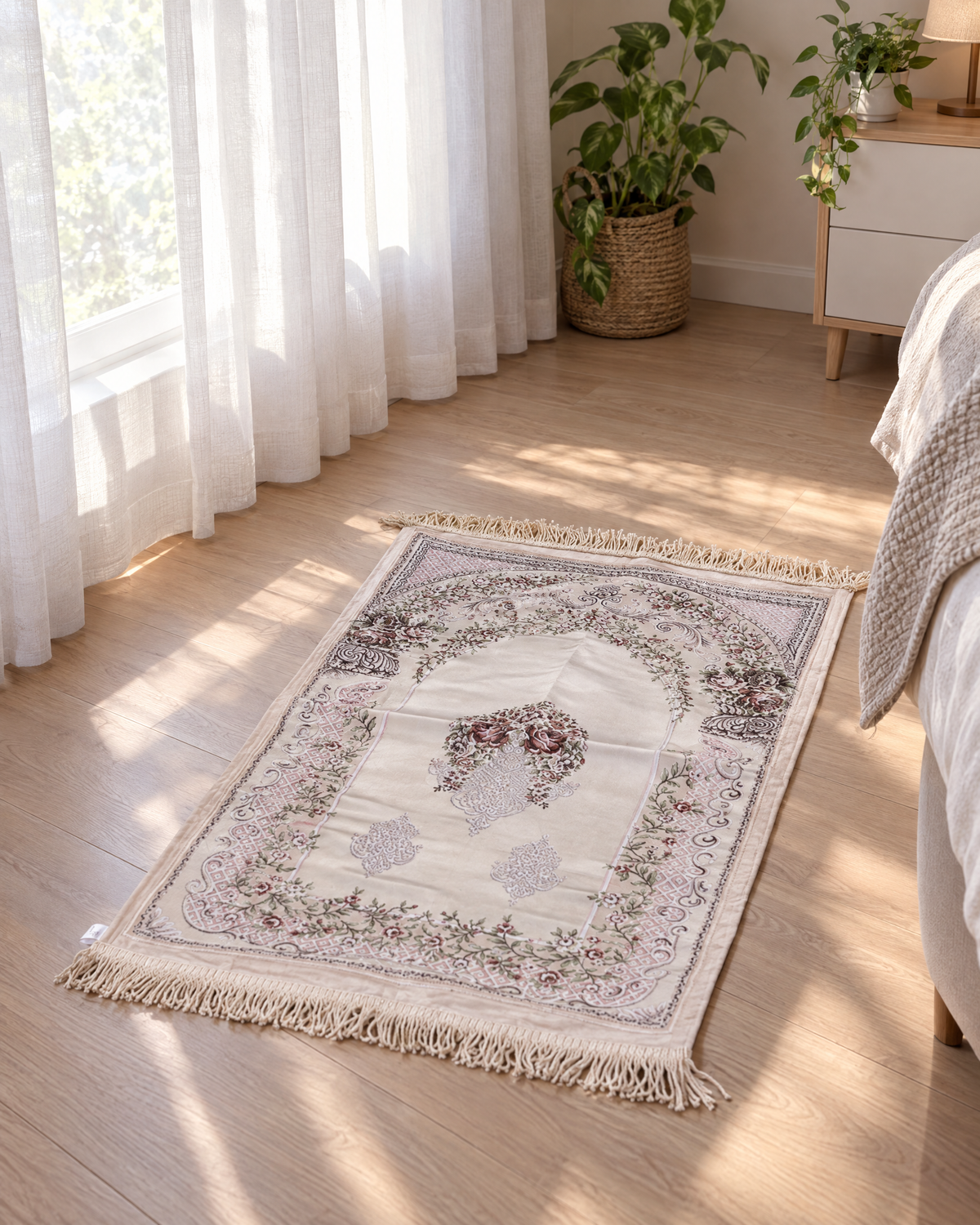 Heaven's Door satin padded prayer mat in a sunlit bedroom