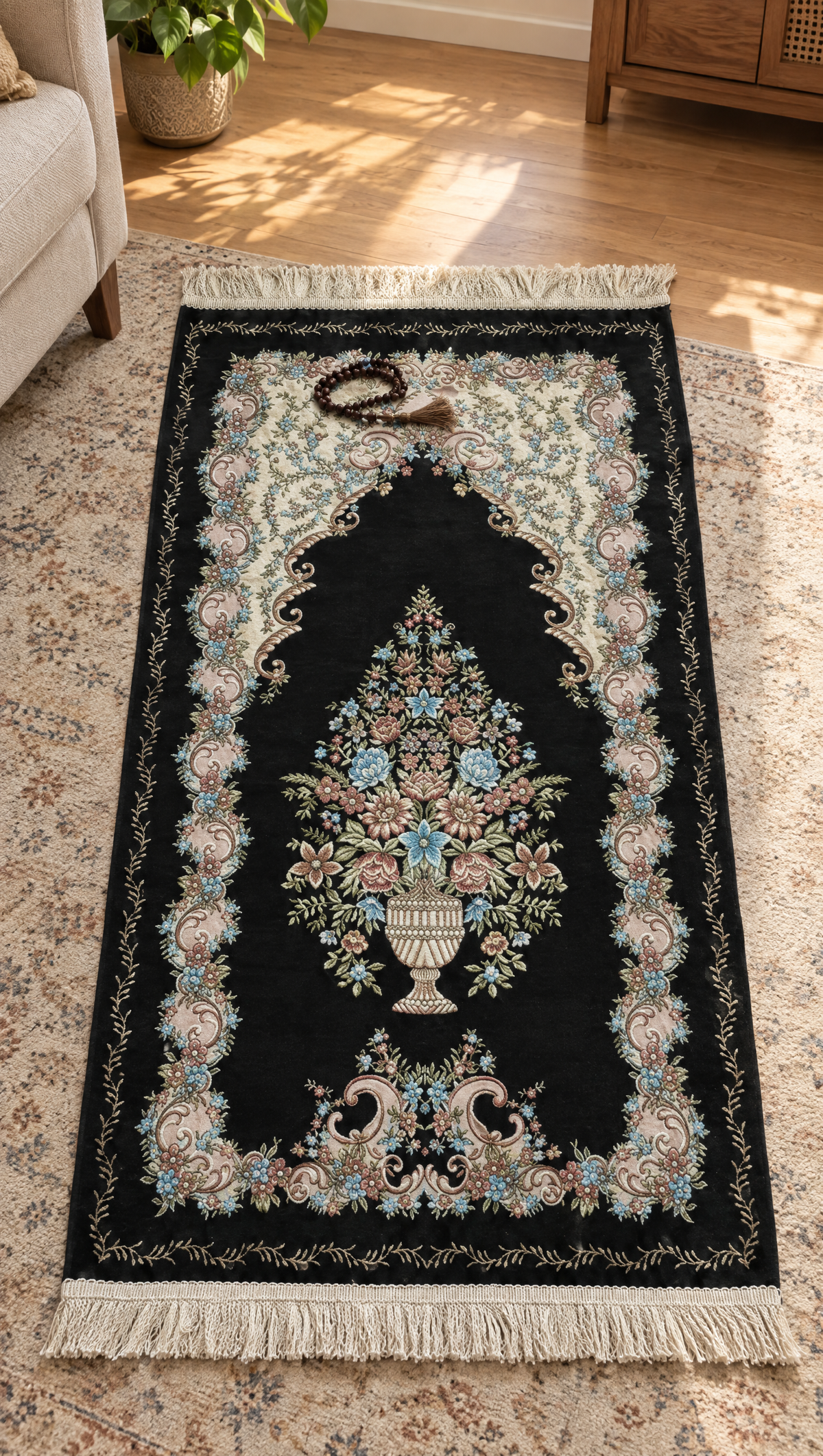 Prayer Mat P1 unrolled in a living room