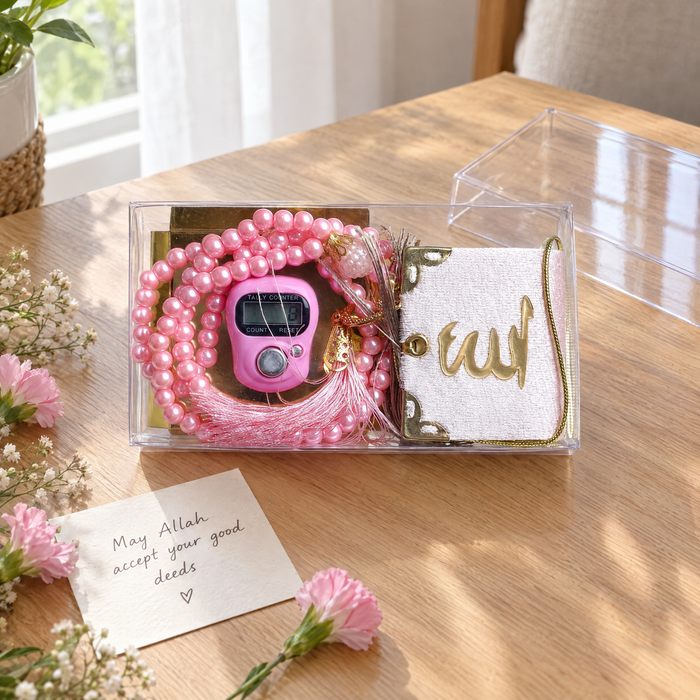 Pink Transparent Box Set – Small Quran, Tasbih, and Prayer Counter