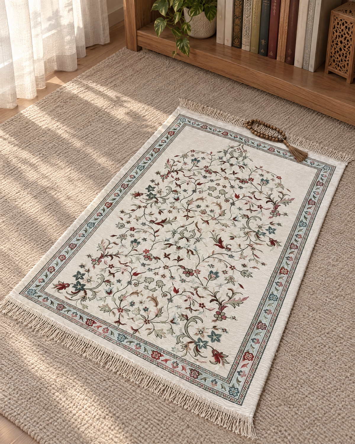 Embroidered floral velvet prayer mat on a rug with masbaha