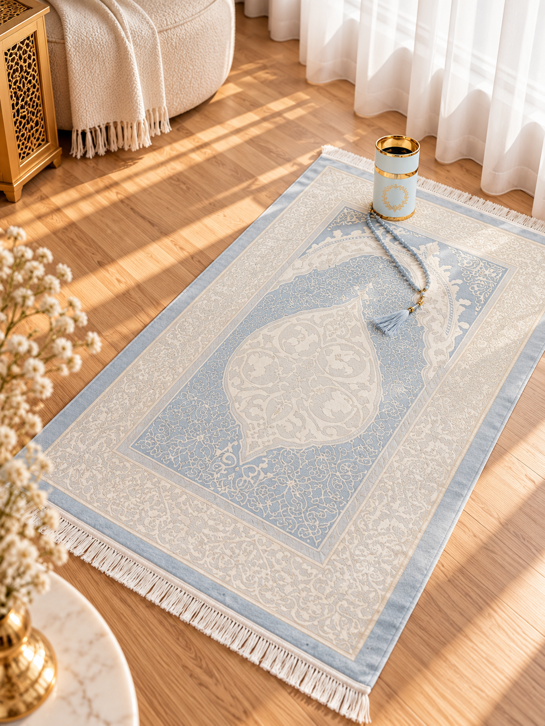 Blue Prayer Mat Set with Prayer Beads