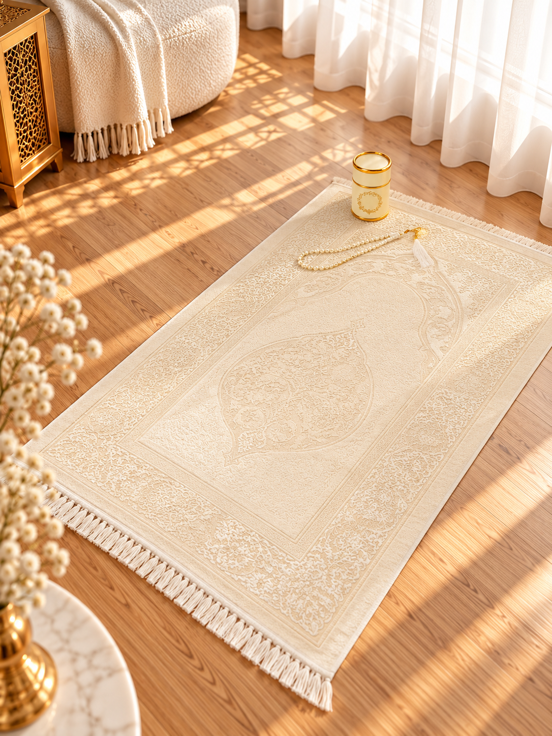 Yellow Prayer Mat Set with Prayer Beads