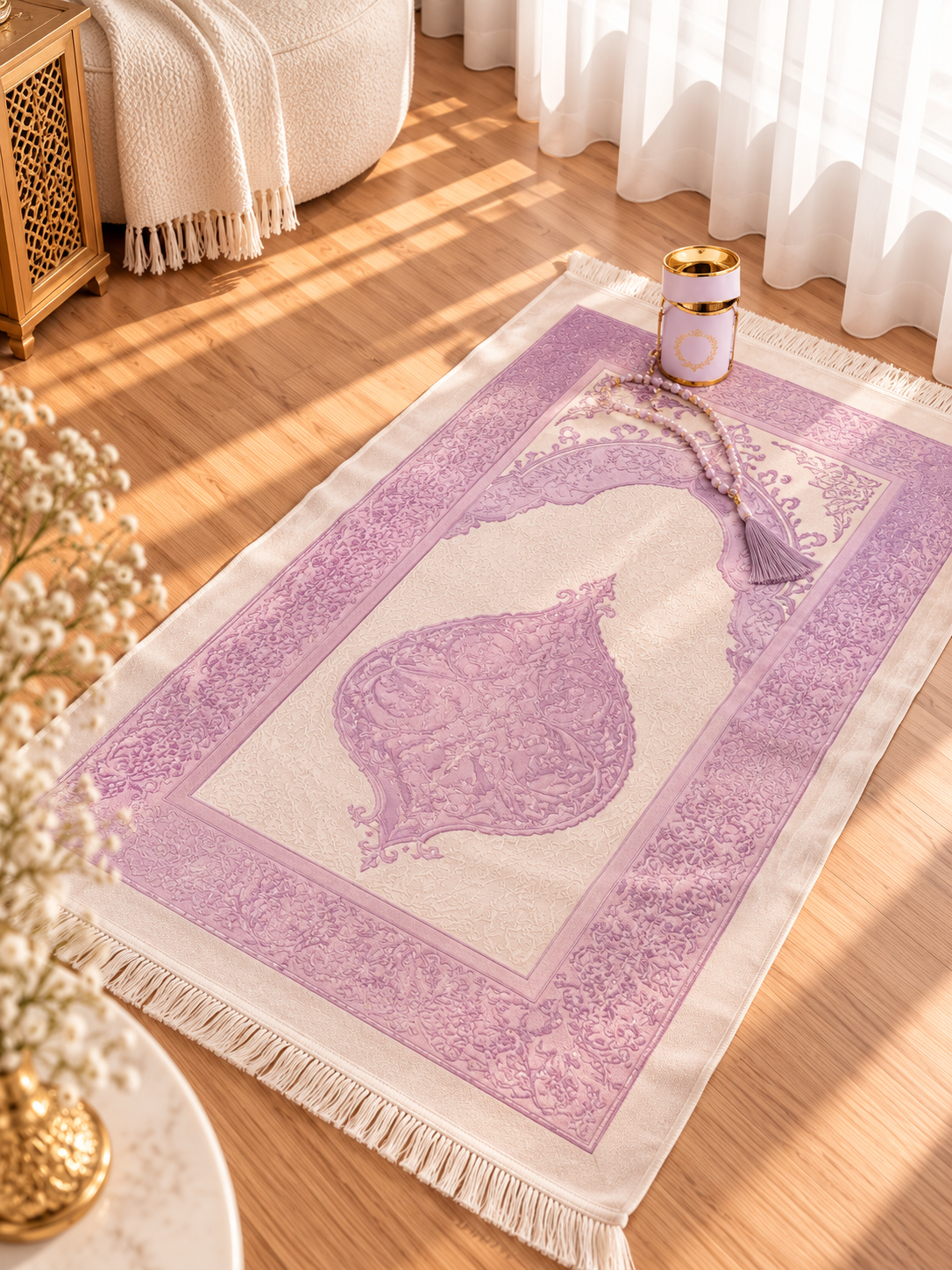Purple Prayer Mat Set with Prayer Beads