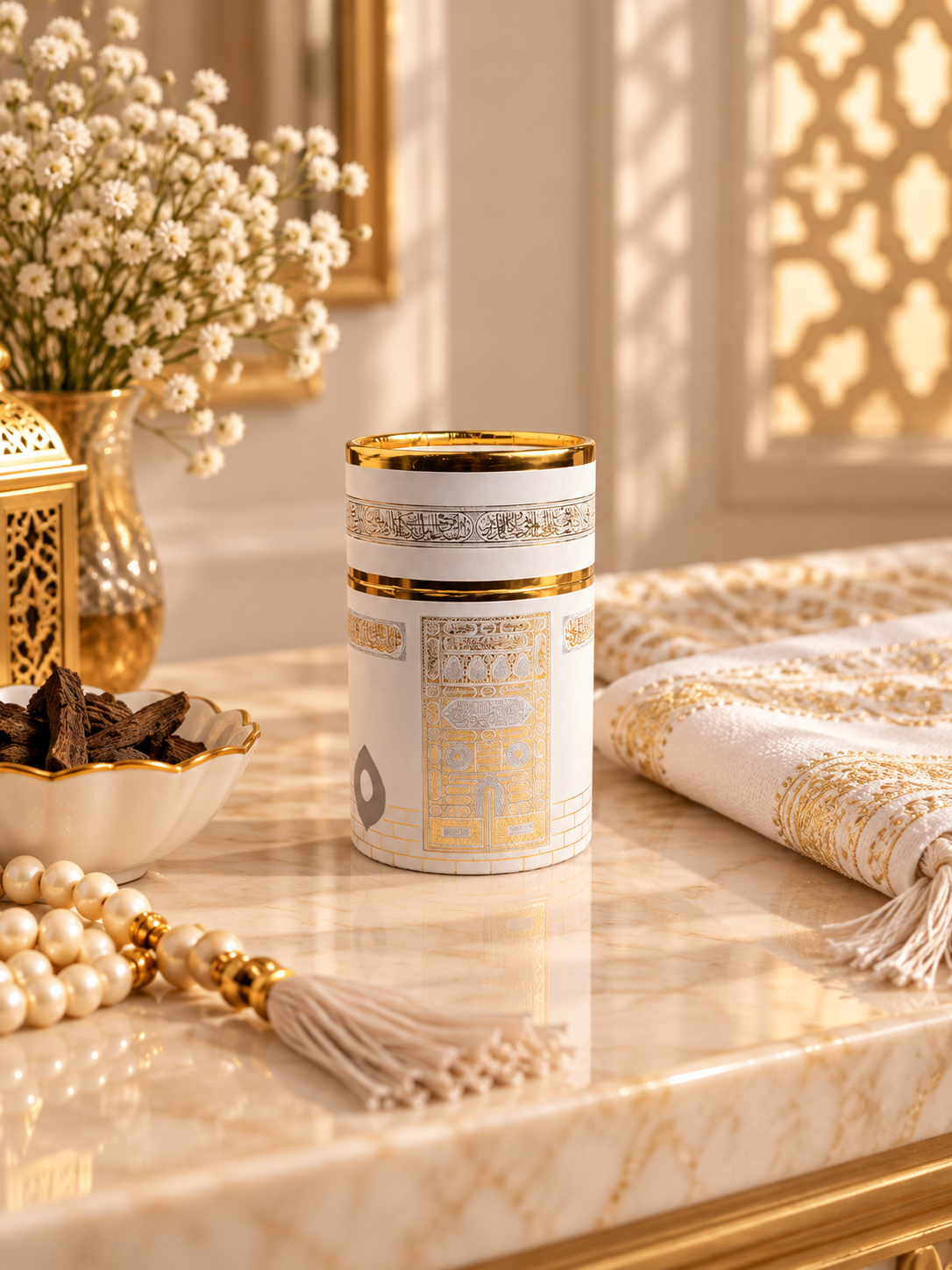 White Prayer Mat Set with Prayer Beads