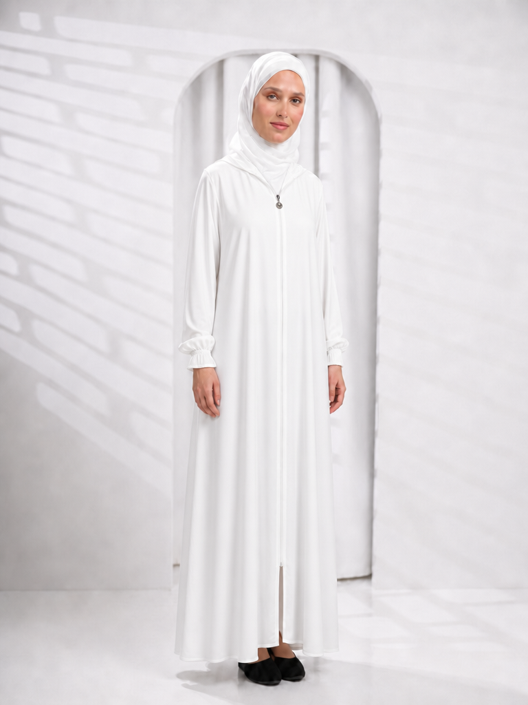 White abaya with zipper and gathered sleeves Minival