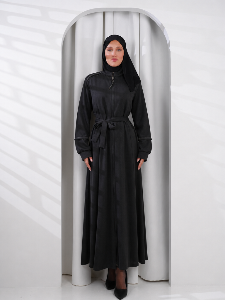 black medine abaya with zipper and pockets