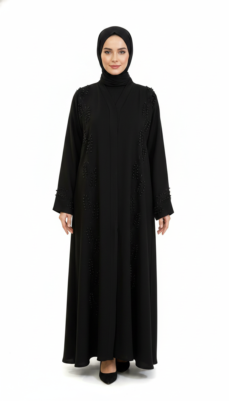 black khaliji abaya with beads and black pearls